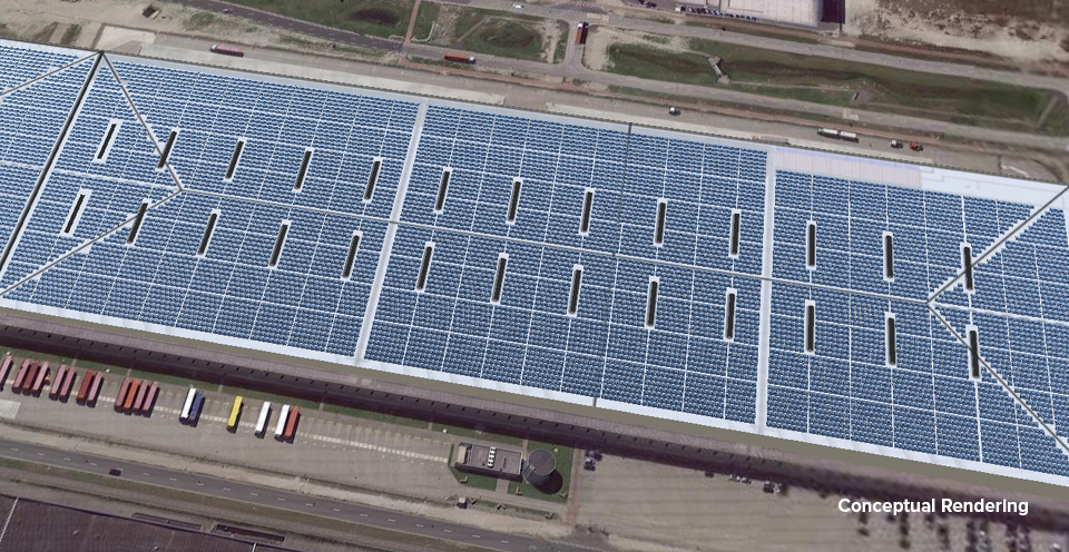 Solar panels on the roof of a large W. P. Carey (WPC) owned warehouse
